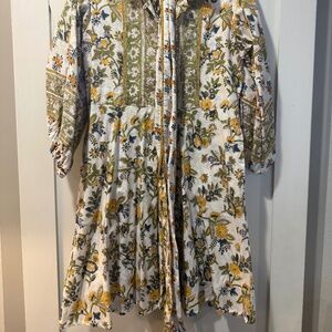 Sue Sartor Flounce Dress – Hand-Block Print Cotton, Green & Gold Floral, Size Me